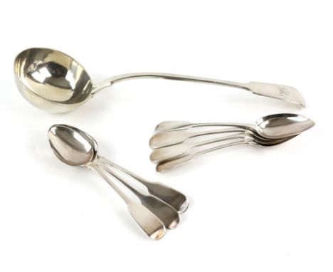 Victorian silver ladle, by Chawner & Co, London 1854, 34 cm long, together with seven Irish silver dessert spoons by R W Smit