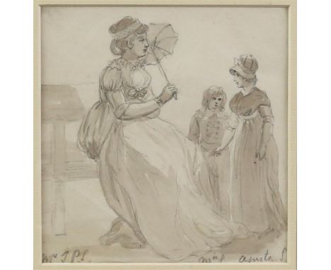 Paul Sandby RA (British, 1731-1809).  Mrs. Thomas Paul Sandby with her son and daughter. Portrait of three figures, inscribed