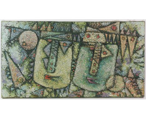 Gianto, 20th century, abstract composition with two faces, signed and dated '96, mixed media, 40cm x 75.5cm,