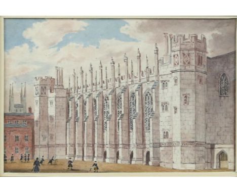 George Pyne (British, 1800-1884). Children playing in a large courtyard beside a building, watercolour, 9cm x 14cm. PROVENANC