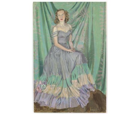 Frank Graves, 20th century, full length portrait of Doreen Graves in a ballgown, signed and dated '46, oil on board, 56cm x 3