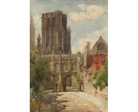 Henry Charles Brewer (British, 1866-1950). 'Wells Cathedral and the Chain Gate', watercolour, 34cm x 24cm, Abbott & Holder la