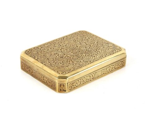 19th century 14 ct gold cigarette box, the rectangular case with capped corners, the cover chased with scrolls and flowers, w