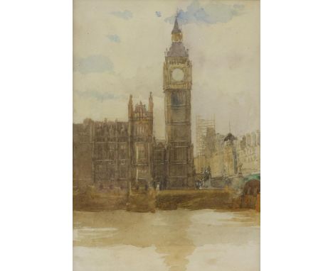 20th century English School, Palace of Westminster clock tower from the river, unsigned, watercolour, 17.5cm x 12.5cm,