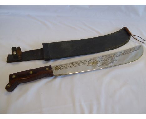 Puma hunting machete in original leather scabbard, blade etched with various animals and oak leaves -Genuine Pumaster Steel (