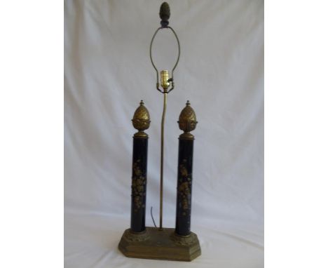 Brass mounted twin pillar lamp base with pineapple finials