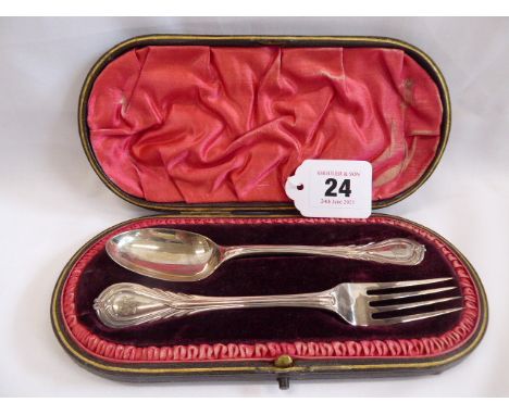 Leather cased silver fork and spoon - Sheffield 1900