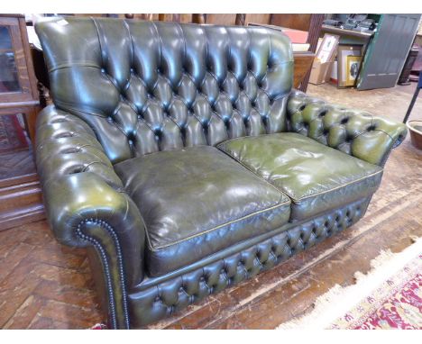 Green leather buttoned 2 seater sofa