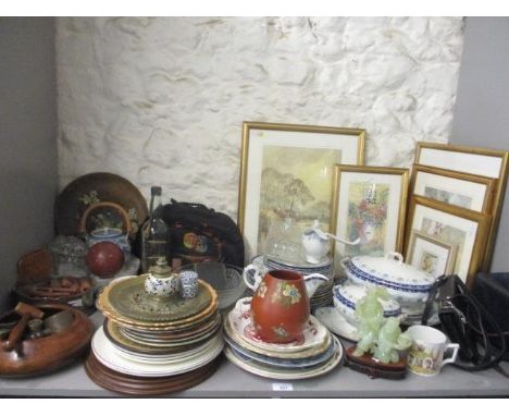 A late 20th century jade figural group, vintage glass and ceramics, mixed treen and metalware to include nut crackers, three 