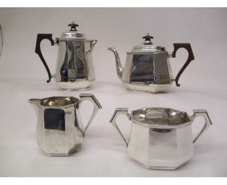 A 1930s four-piece silver tea set by Mappin &amp; Webb Birmingham 1930 of octagonal tapered form with angular handles, compri