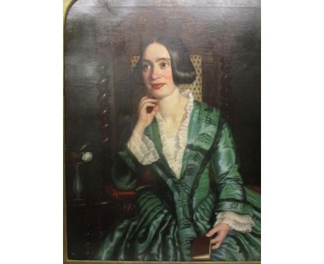 ** Scott - a half length portrait of a girl with black hair wearing a green dress with a lace collar, sat in an oak chair, oi