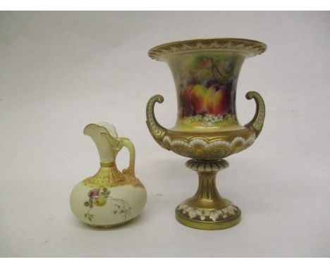 A 1917 Royal Worcester Campana shaped vase with twin, curved handles on splayed foot, decorated with grapes, peaches, cherrie