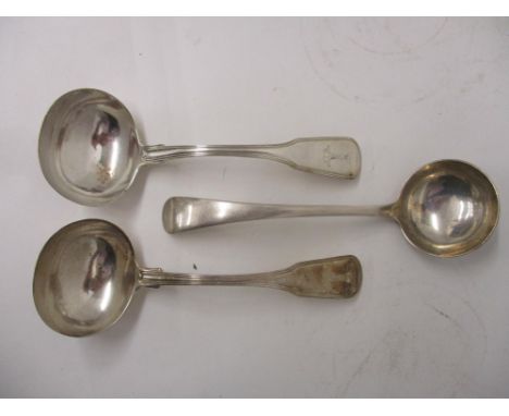 A pair of George III silver fiddle and thread pattern sauce ladles by Solomon Houghman, London 1813 and a later fiddle patter
