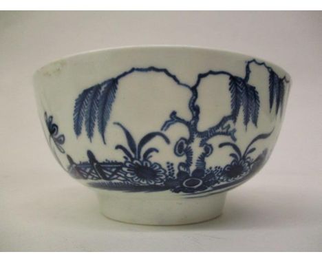 A mid 18th century Worcester Candle Fence pattern bowl decorated in blue and white with a Chinese garden scene, with a cresce