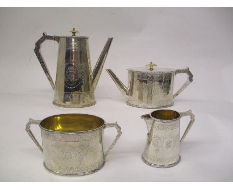 A mid Victorian silver, four piece tea/coffee set by Elkington &amp; Co, London 1858/59, with bead, floral and scrolled leaf,