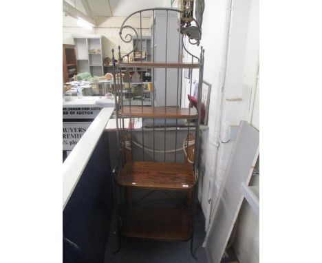 A modern oak and metal four tier graduated open shelf unit 77 1/2"h x 27"w 