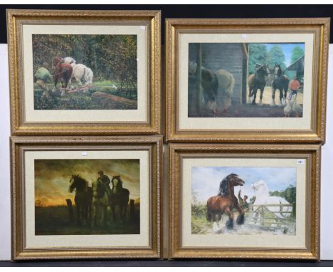 Four coloured equestrian prints after Godderidge, 33.5cm x 51.5cm in glazed gilt frames, and various oil lamp parts.