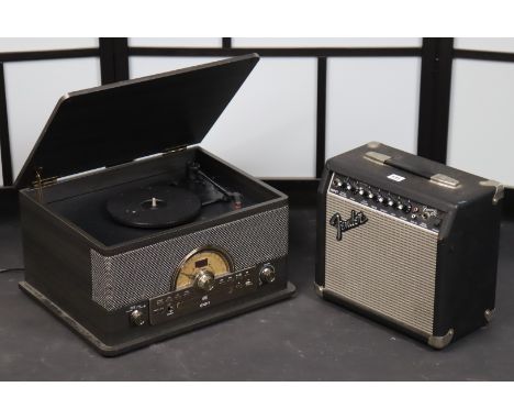 A Fender “15R” practice amplifier, together with a Panasonic “SP-CM04” cd stereo system, boxed, and a retro-style turntable/c