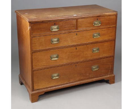 A 19th century mahogany chest fitted two short &amp; three long graduated drawers with brass swing handles, on ogee bracket f