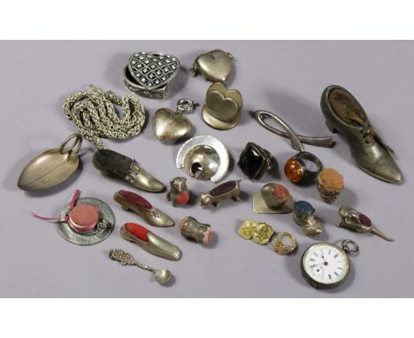 An 18ct. gold signet ring with engraved initial “R”; a silver-cased ladies fob watch; ten novelty pin cushions; &amp; various