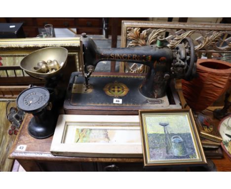 A Singer hand sewing machine; a mottled glass ceiling light shade; a set of kitchen scales; &amp; sundry other items. 