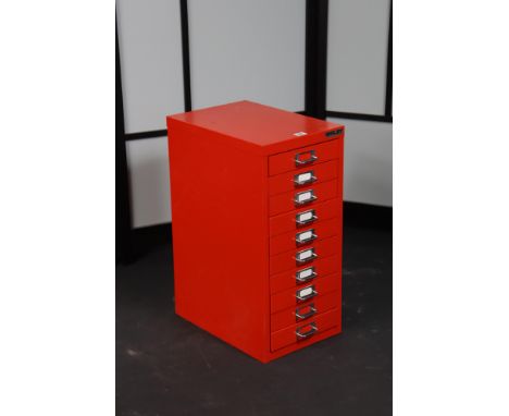 A Bisley red metal ten-drawer small filing chest, 28cm wide x 59.25cm high x 40.5cm deep; together with a Brexton picnic set,