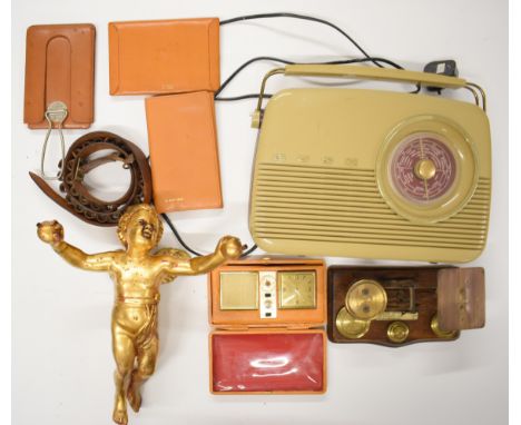 Bush radio, leather goods including travelling mirror Estyma travelling transistor radio, postal scales, gilded hanging putti