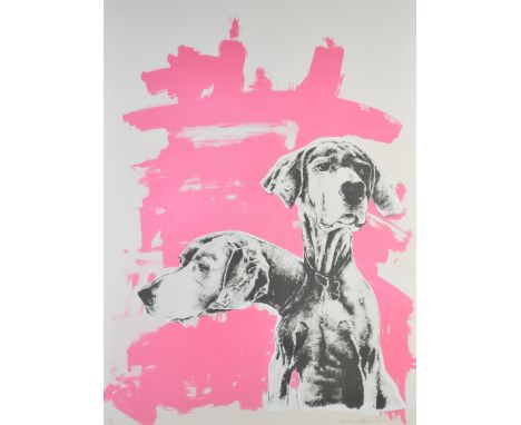 Lorraine Robbins signed limited edition (2/18) print of two dogs, 73 x 53cm, in silvered frame