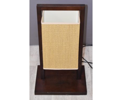 Retro mid century style wicker and stained wood table lamp, possibly a Terence Conran design, height 55cm