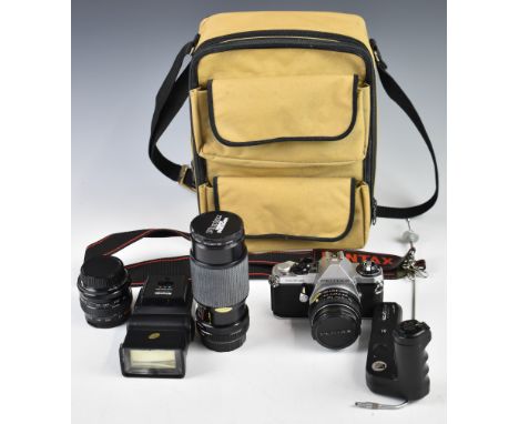 Pentax ME super 35mm SLR camera outfit including 50mm 1:2, Kiron 28mm f2 and Super Paragon 80-200mm 1:4.5 lenses, winder, man