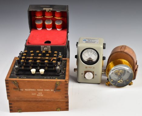 Likely military interest leather cased galvanometer, dated 1940, cased electrical resistance box and a cased Bird Thruline wa