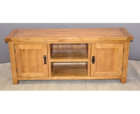 Contemporary solid oak low cupboard and shelf media unit / television stand W139 x D42 x H60cm