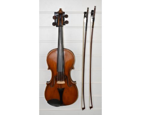 Carlos Fissorie viola with two bows, c1880s, labelled 'Anno 188*', overall length 66cm, body 39.3cm, lower bout 23cm, upper b