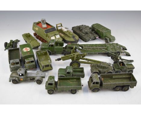 Eighteen Dinky and Corgi diecast model military vehicles including Tank Transporter, Chieftain Tank, DUKW Amphibian and Milit