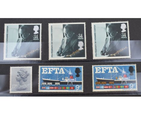 GB Queen Elizabeth II errors on stock card 'Hitchcock' 34p with shifted Queen's head below value U/M and EFTA 9d with missing