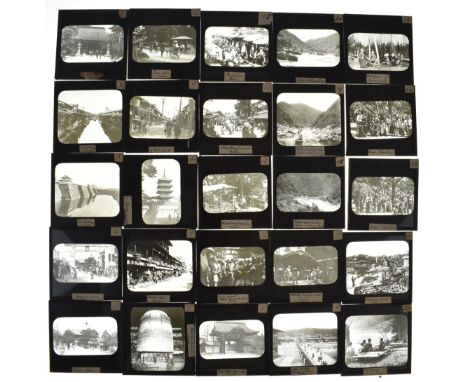 Seventy eight early 20thC mostly titled Japan interest magic lantern slides comprising numbered slides 1-66, the rest includi