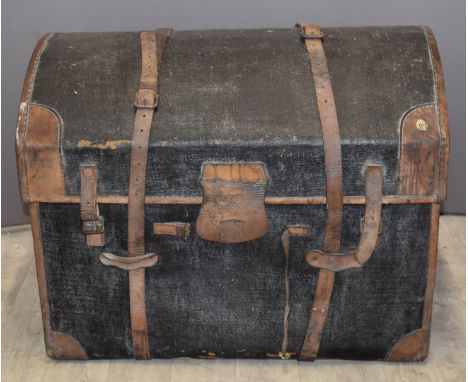 Leather bound dome top travelling trunk or chest, L78 x D54 x H62cm