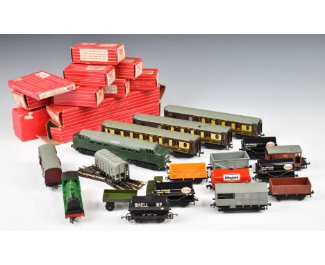 Nineteen Hornby Dublo 00 gauge model railway locomotives, coaches, wagons and accessories including BR diesel, Esso, BP, Shel