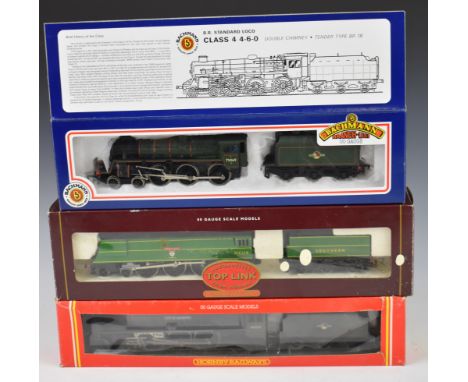 Three Hornby and Bachmann 00 gauge model railway locomotives comprising Bulleid West Country, BR Standard 4 tender loco and B