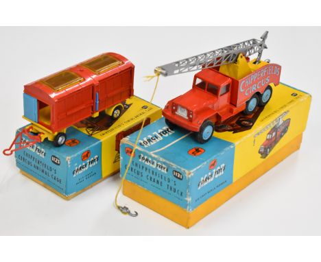 Two Corgi Major Toys diecast model Chipperfield's Circus vehicles Crane Truck with red body, blue hubs and lettering and silv