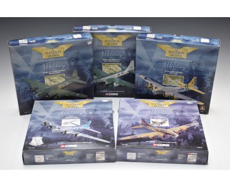 Five Corgi The Aviation Archive Military 1:144 scale diecast model aircraft to include Boeing B-17 Flying Fortress 'Memphis B