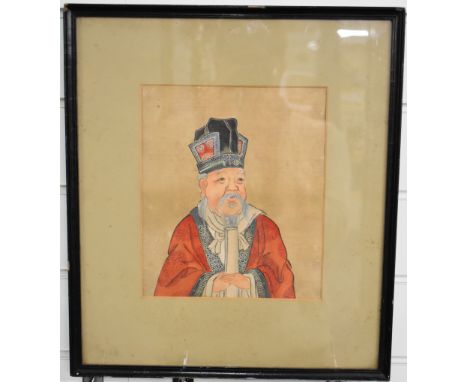 19th / 20thC Chinese watercolour on silk of scholar holding a scroll, 24 x 21cm