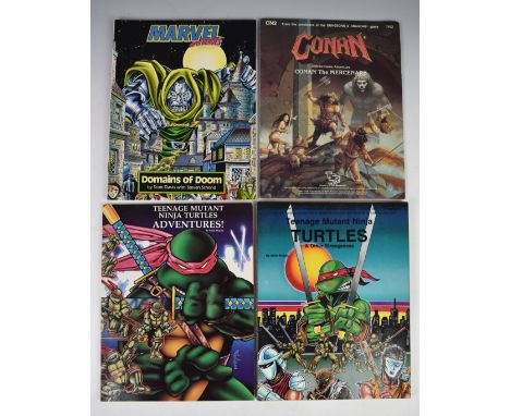 Two Teenage Mutant Ninja Turtles Role Playing Game books by Palladium together with Marvel Super Heroes Campaign Set and Cona