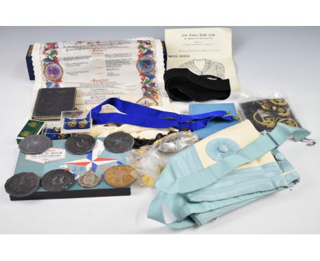 Masonic aprons and ephemera, Festival of Britain commemorative silver and cupro nickel coin set, cased 1992 Guildhall luncheo