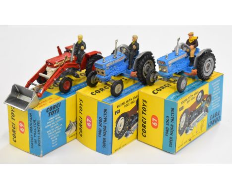 Three Corgi Toys diecast model tractors comprising two Ford 5000 Super Major Tractor 67 and Massey-Ferguson 165 Tractor with 