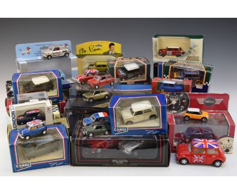 Thirty two Corgi and similar diecast model Minis including multi car box sets and Film/TV tie-ins, most in original boxes.