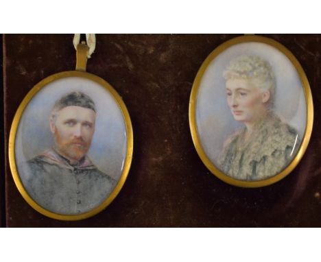 Cased pair of Mabel Hobson, later Hankey (1867-1943) Victorian 9ct gold and gilt metal mounted portrait miniatures on ivory o