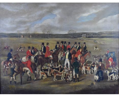 Underwood 19thC oil on canvas hunting scene with extensive landscape beyond and carriages traversing the fields, signed and i