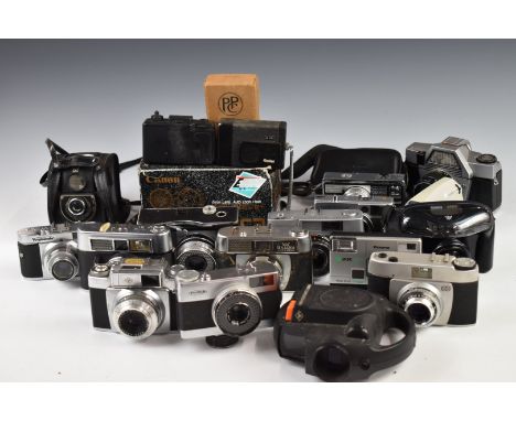 Collectable 35mm cameras including Fujica Rapid D1, Rollei A26, Olympus 35EC, Russian SLR, Voigtlander Vito CL, Canon Epoca, 