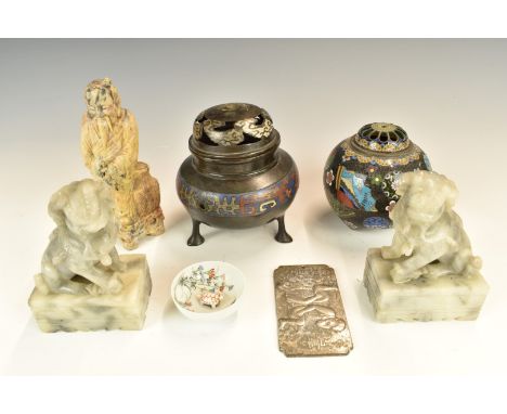 Chinese cloisonné censer, pot pourri, Dogs of Fo, soapstone figures, white metal ingot and a porcelain pin dish with turtle i